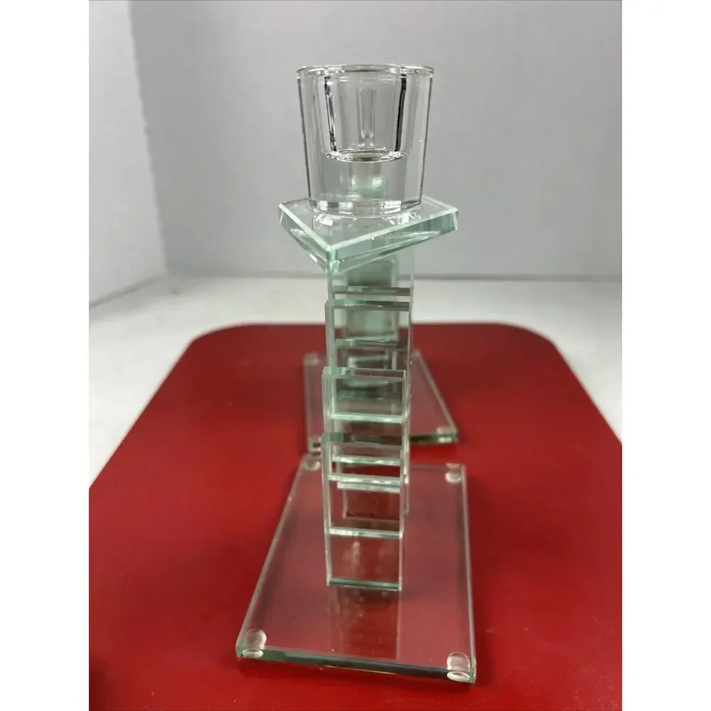VTG Cut‎ Stacked Glass Candle Holders Art Modern Retro Crystal Heavywt Green 7.5